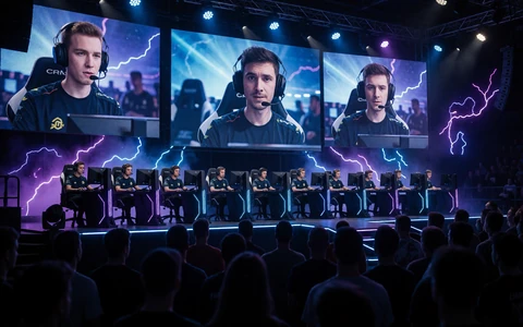 eSports-Arena mit Profi-Gamern an leuchtenden Stationen auf der B&uuml;hne - eSports-Wetten auf LoL, Dota 2 und CS2 bei 30bet