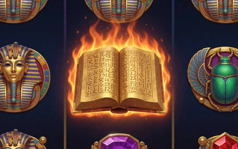 Book of Flames Xtra Slot mit goldenem brennendem Buch und Pharao-Maske im 30bet Jackpot Casino