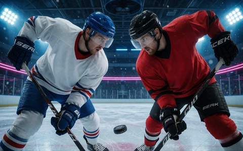 Eishockey-Bully-Zweikampf um den Puck unter Flutlicht - Eishockey-Wetten im 30bet Sportwetten-Programm