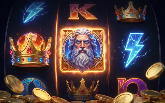 Leuchtende Slot-Walzen mit griechischen Mythologie-Symbolen und Goldm&uuml;nzen im 30bet Jackpot Casino