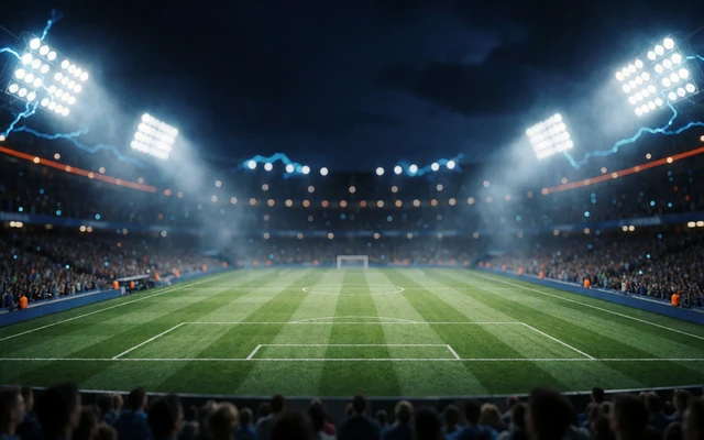 Fussballstadion bei Nacht unter Flutlicht als Symbol f&uuml;r Sportwetten und Live-Wetten bei 30bet