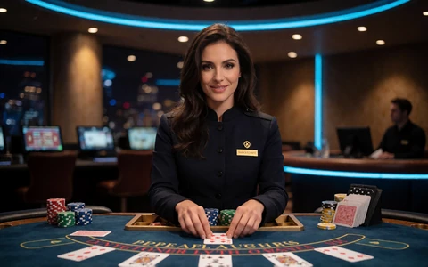 Br&uuml;nette Live-Dealerin teilt Karten am Blackjack-Tisch im 30bet Live Casino aus