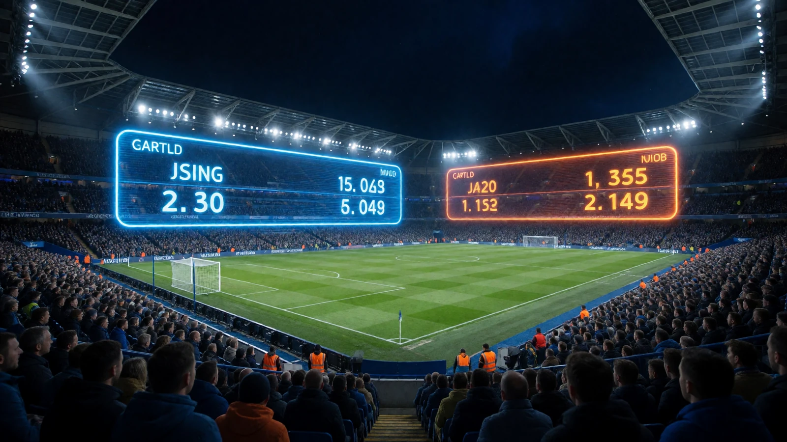 Fussballstadion bei Nacht unter Flutlicht mit neonblauen Quoten-Tickern &uuml;ber dem Spielfeld bei 30bet Sportwetten