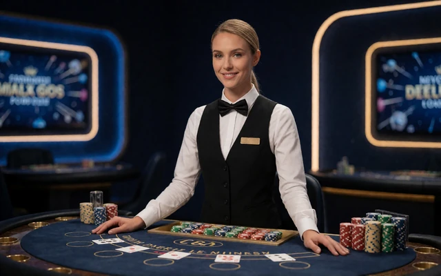 Elegante Live-Dealerin am Blackjack-Tisch im 30bet Live Casino Studio mit Neonbeleuchtung