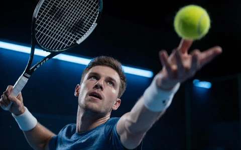 Tennisspieler beim Aufschlag im Nachtmatch mit blauem Neonlicht - Tennis Live Wetten bei 30bet
