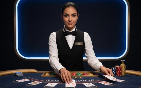 Elegante Croupierin am Blackjack-Tisch im Live Casino Studio von 30bet mit Neonbeleuchtung
