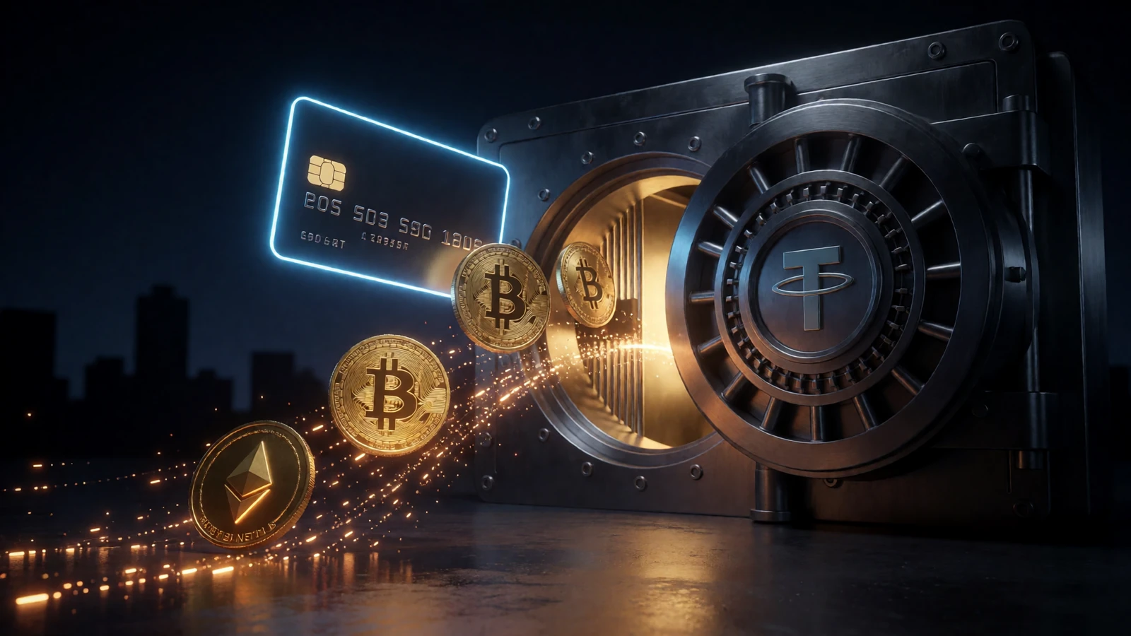 Leuchtende Krypto-M&uuml;nzen, Kreditkarte und goldgl&auml;nzender Tresor als Symbol f&uuml;r schnelle Zahlungen im 30bet Cryptocasino