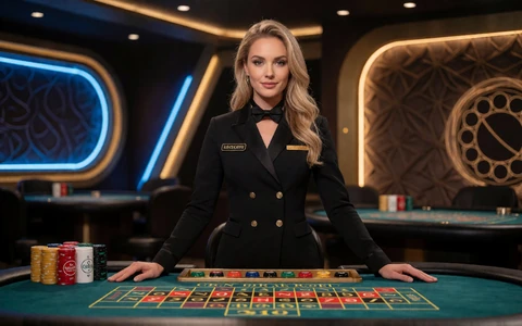 Blonde Croupierin am Live-Roulette-Tisch im 30bet Live Casino Studio mit Neonbeleuchtung