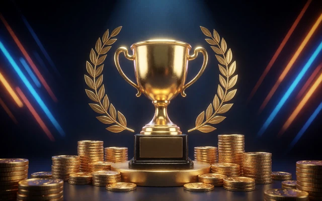Goldene Siegertroph&auml;e mit M&uuml;nzstapeln f&uuml;r das Super Sunday Turnier im 30bet Casino