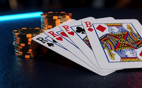 Gewinnende Pokerhand Royal Flush mit goldenem Chipstapel und Neonlicht bei 30bet Casino
