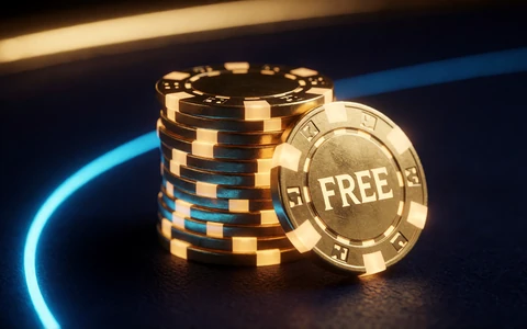 Leuchtender goldener Free-Chip-Jeton auf einem Jetonstapel im dunklen 30bet Casino-Ambiente