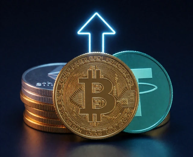 Leuchtender Stapel aus Bitcoin, Ethereum und USDT M&uuml;nzen mit neonblauem Auszahlungspfeil im 30bet Cryptocasino