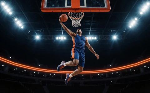 Basketballer beim Dunking unter Arenalichtern mit orangen Neonakzenten - Basketball-Wetten bei 30bet