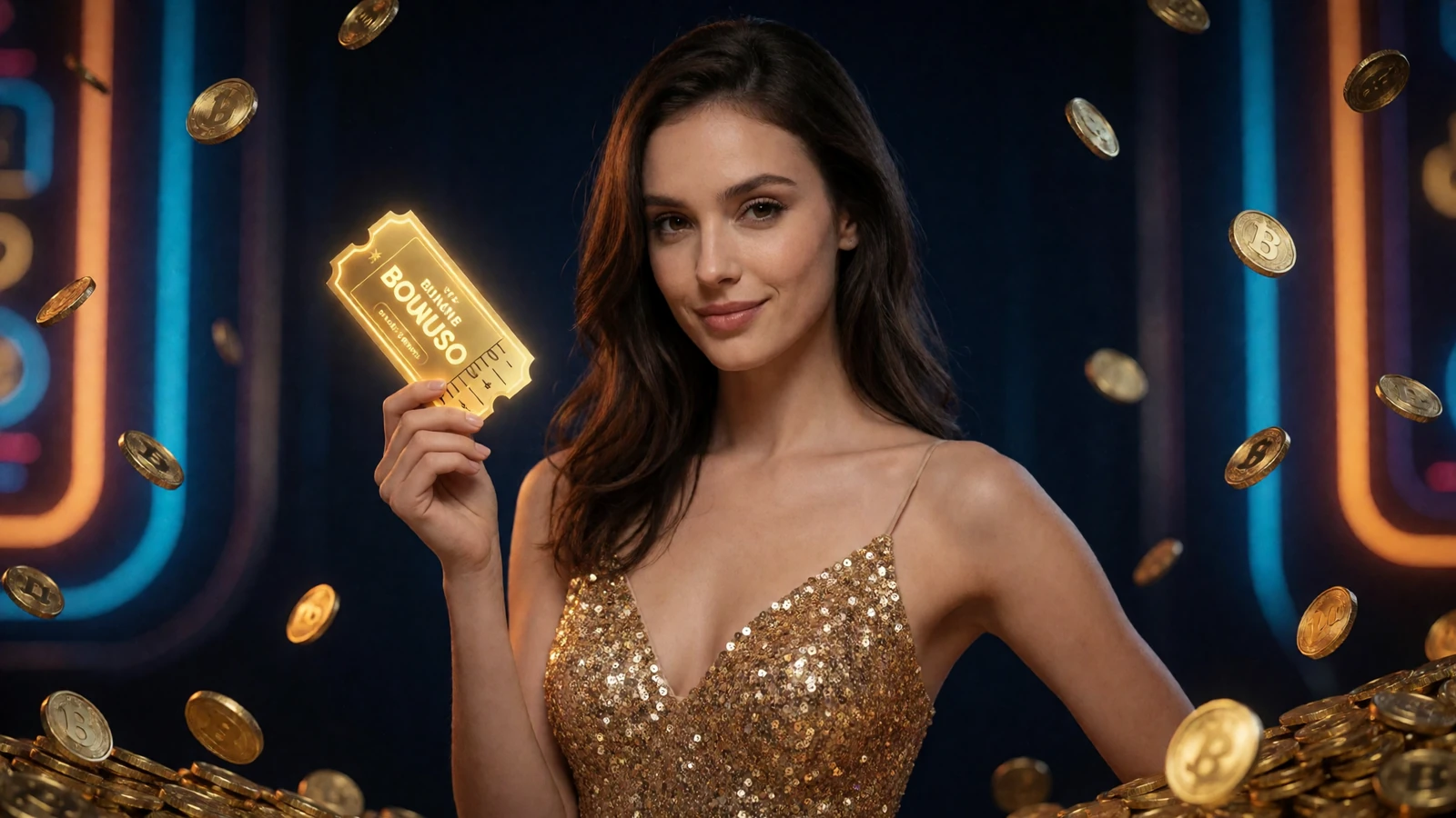 Glamour&ouml;se Frau in goldenem Paillettenkleid mit leuchtendem Bonus-Ticket und Goldm&uuml;nzen-Regen im 30bet Casino