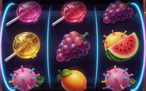Sweet Bonanza Slot mit bunten Frucht- und S&uuml;ssigkeiten-Symbolen und Zuckerbomben-Multiplikator bei 30bet