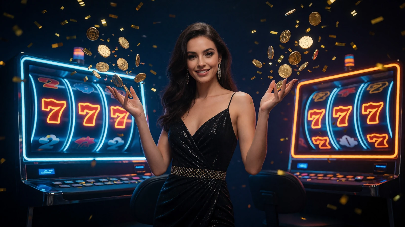 Stilvolle junge Frau feiert einen Jackpot-Gewinn im neonbeleuchteten 30bet Casino mit Goldm&uuml;nzen-Explosion