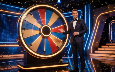 Moderator am riesigen leuchtenden Gl&uuml;cksrad einer Live-Game-Show im 30bet Live Casino