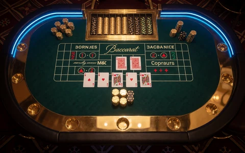 Eleganter Baccarat-Tisch mit Spielkarten und Goldchips von oben fotografiert bei 30bet