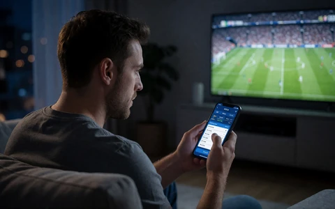 Mann verfolgt nachts ein Live-Match mit Wettschein auf dem Smartphone - Live Wetten mit Cashout bei 30bet